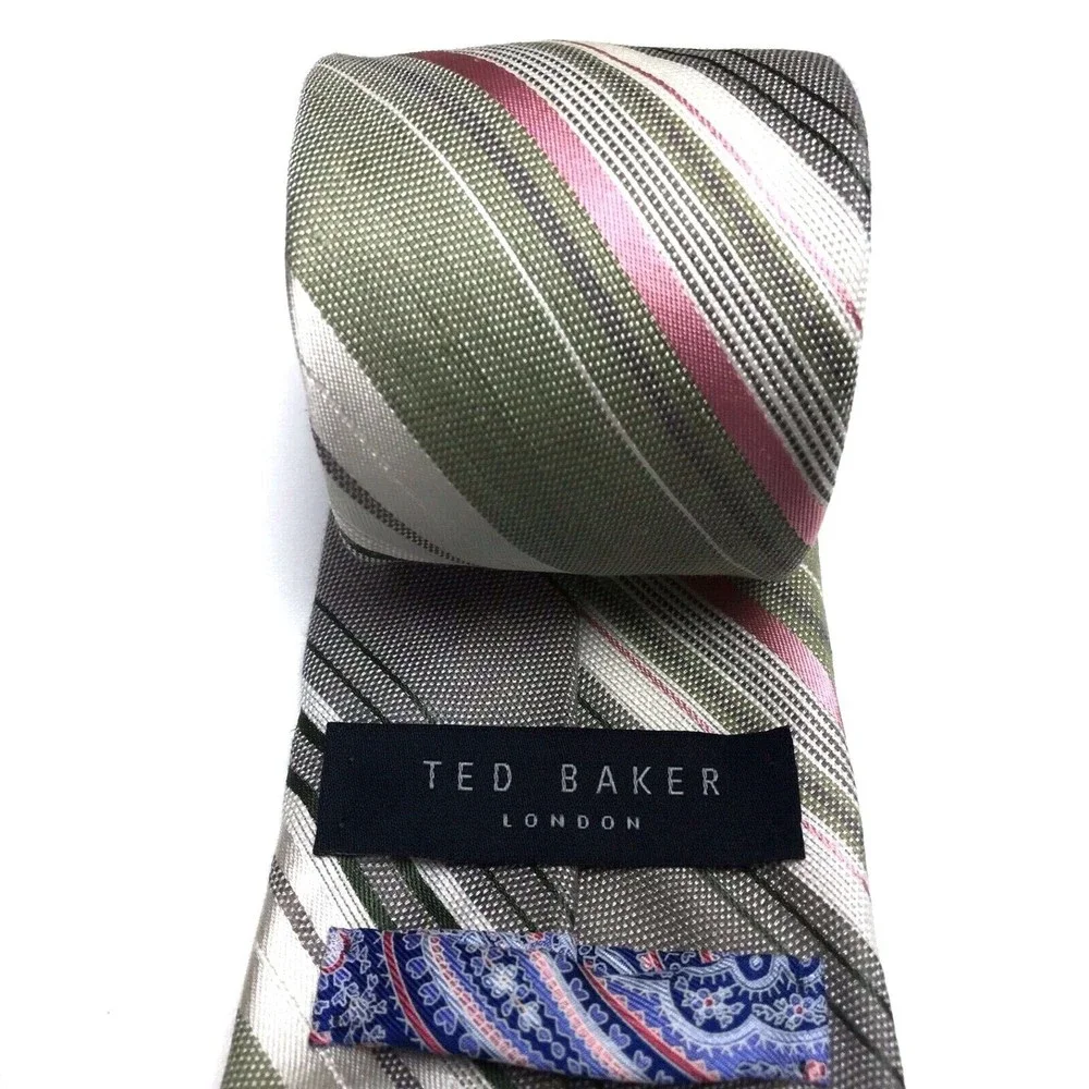 Ted Baker London Tie Men's Gray Khaki Pink Striped Paisley Pin Up Necktie 60